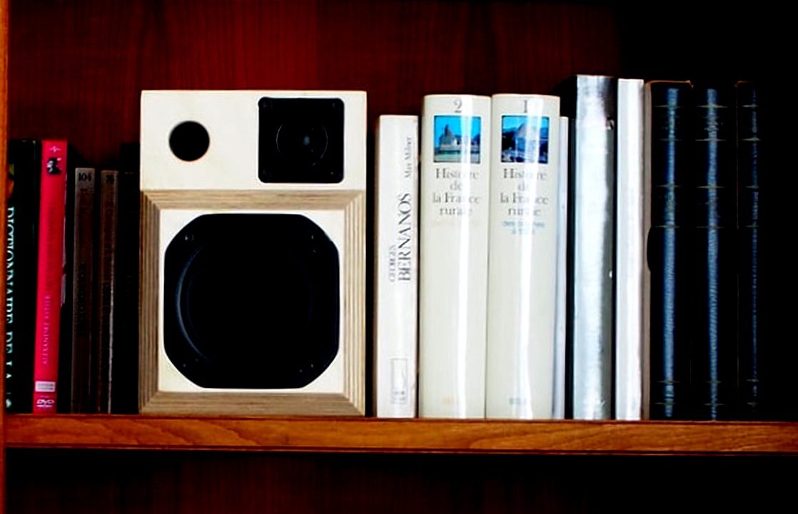 Microphase compact loudspeaker placed naturally among books on a shelf